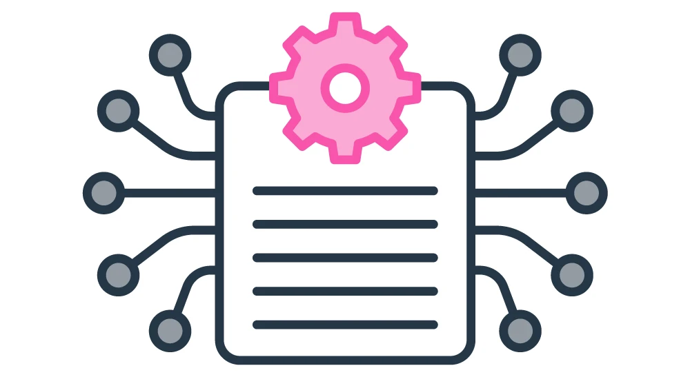 Paper with gear icon with dots connected outwards