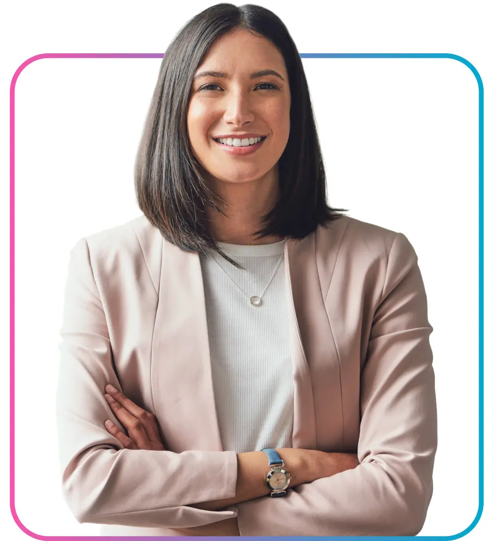 Woman dressed in business professional clothes crossing arms and smiling