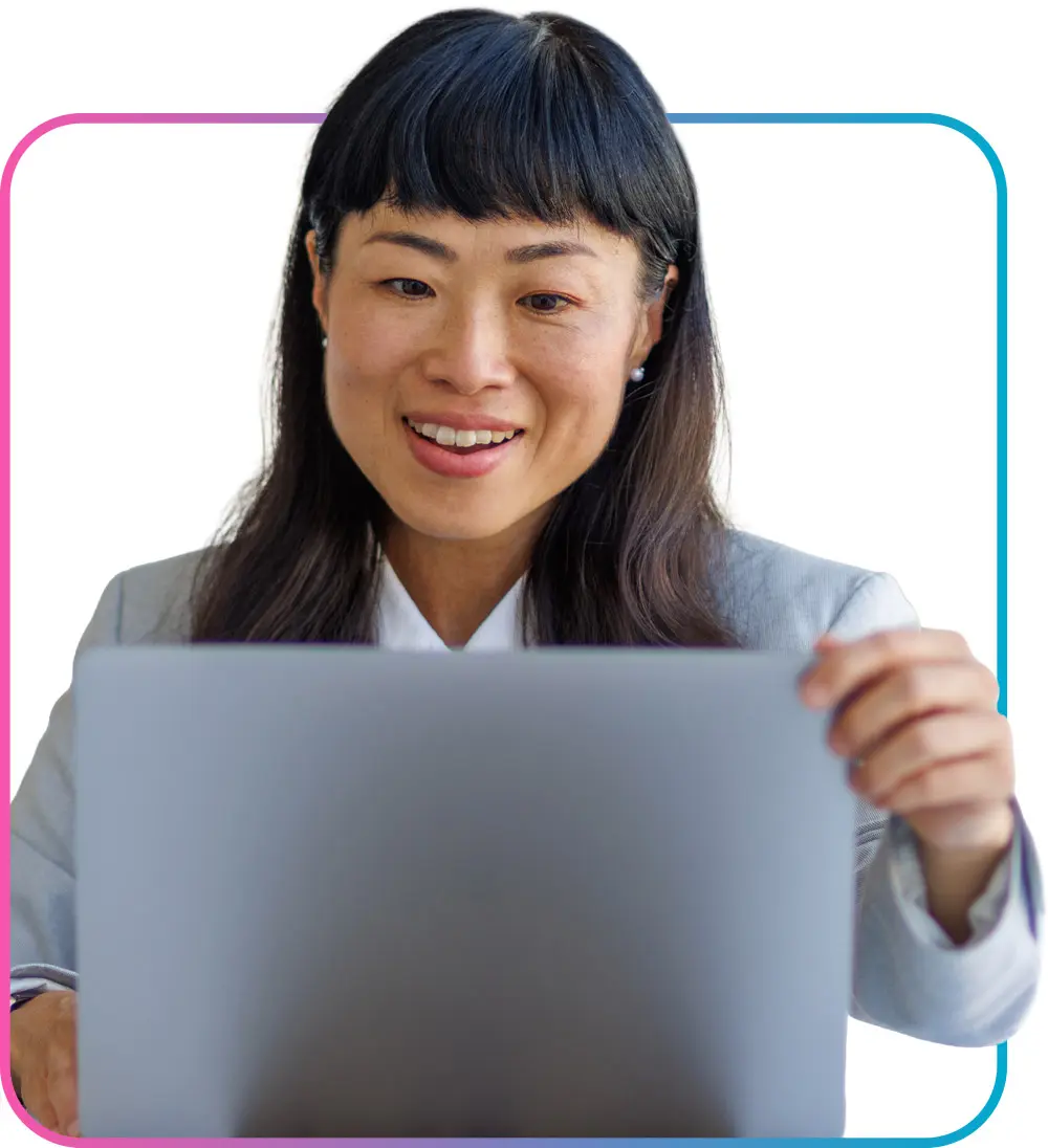 Business professional woman with hand on laptop