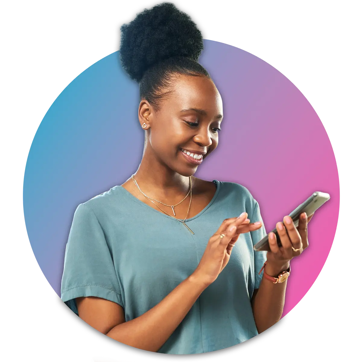 Woman wearing a v-neck looking down at phone smiling