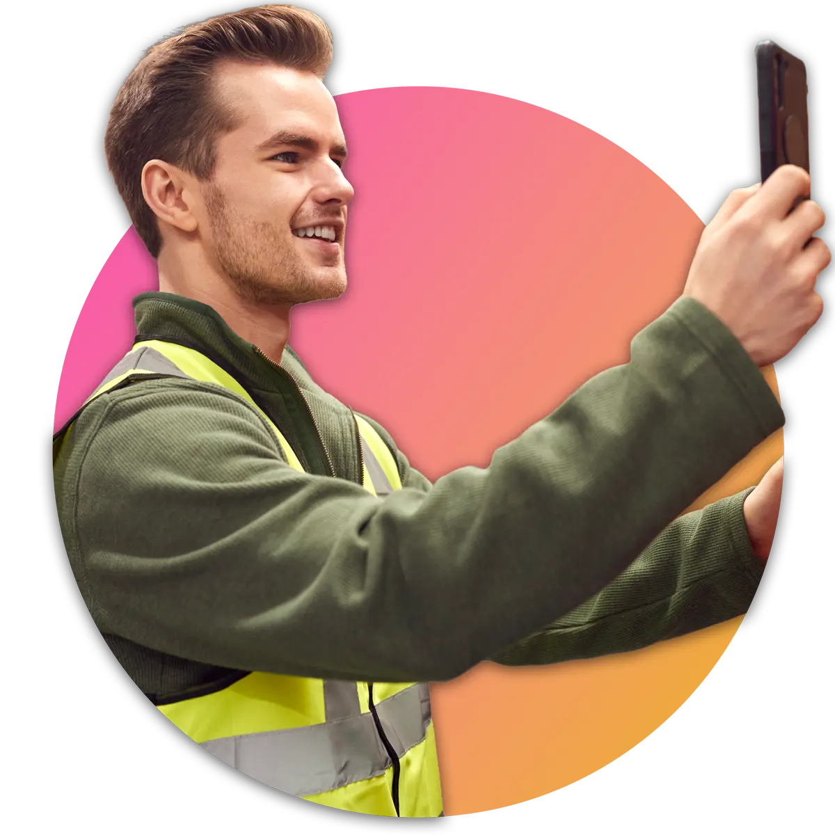 man in safety vest taking a photo on cell phone