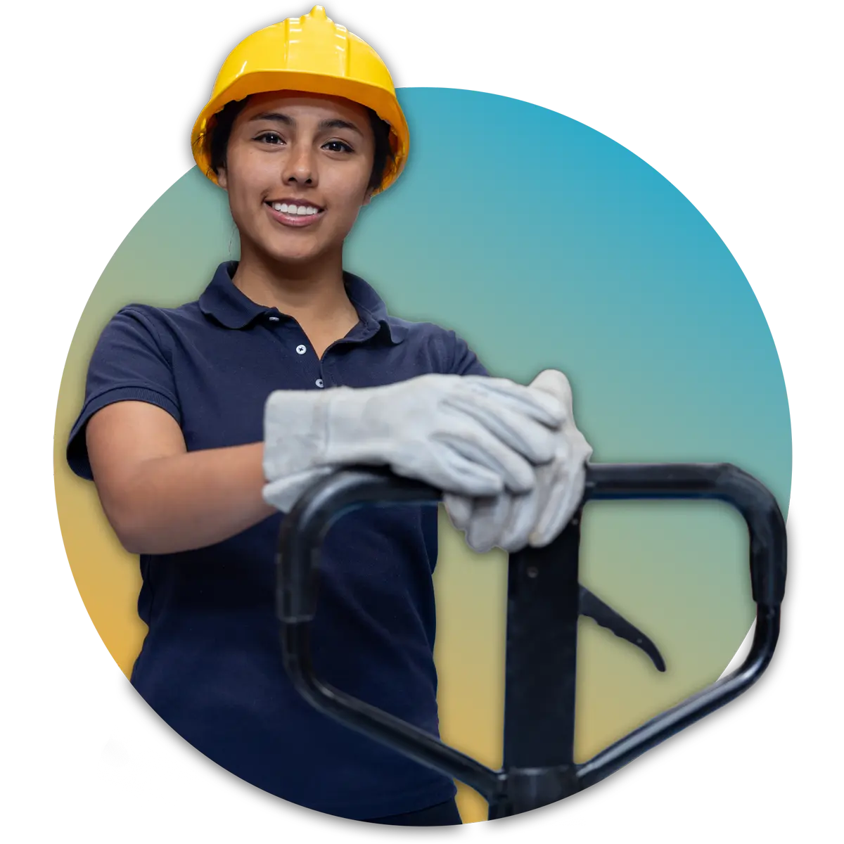 woman wearing hard hat and gloves resting hands on equipment