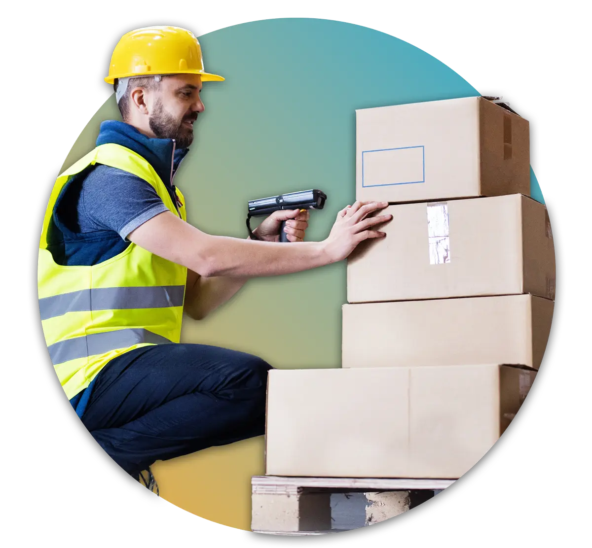 man in hard hat and safety vest managing boxes