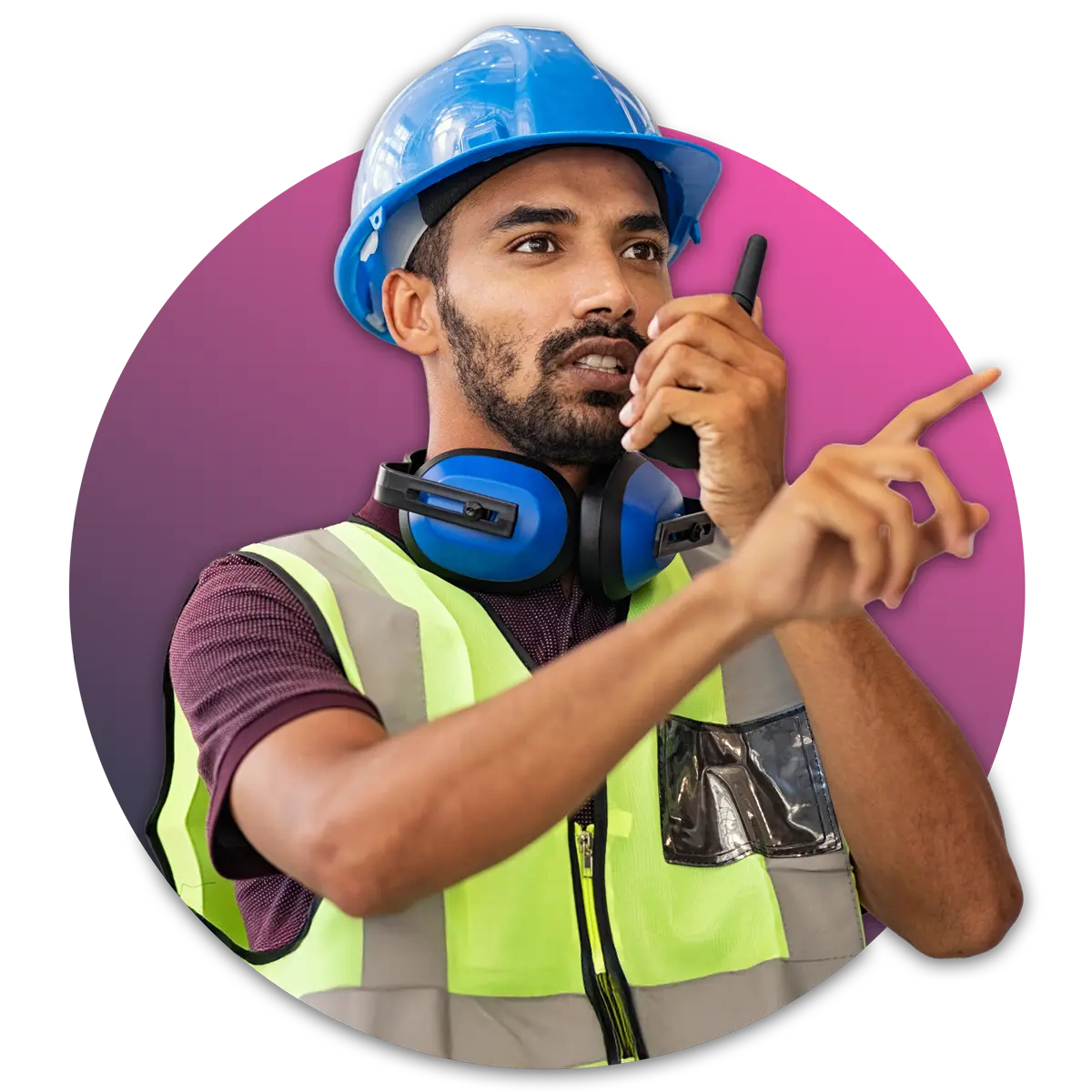 man in hard hat and safety vest talking into radio while pointing