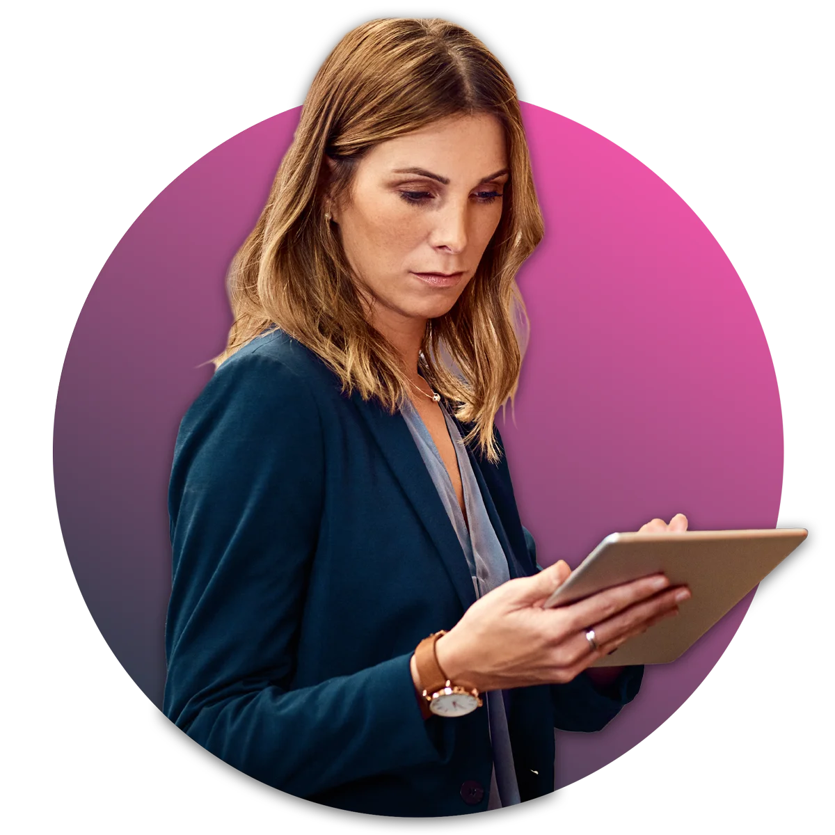 woman looking down at tablet in hand