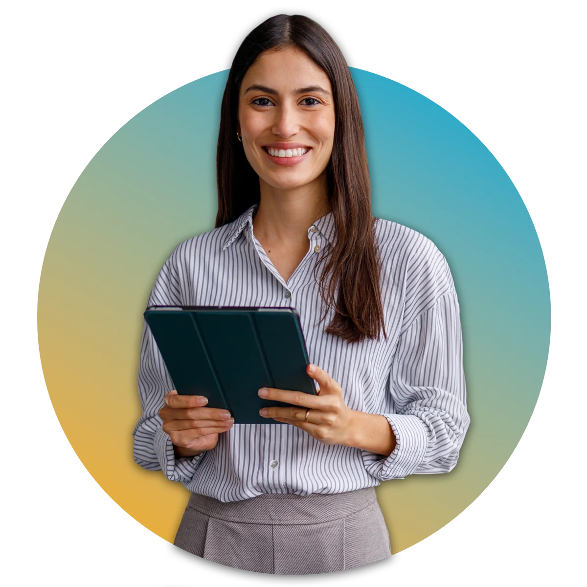 smiling woman holding a tablet