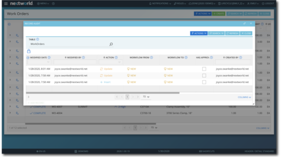Nextworld dashboard showing work orders