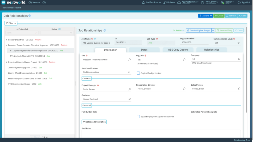 Nextworld dashboard showing job relationships
