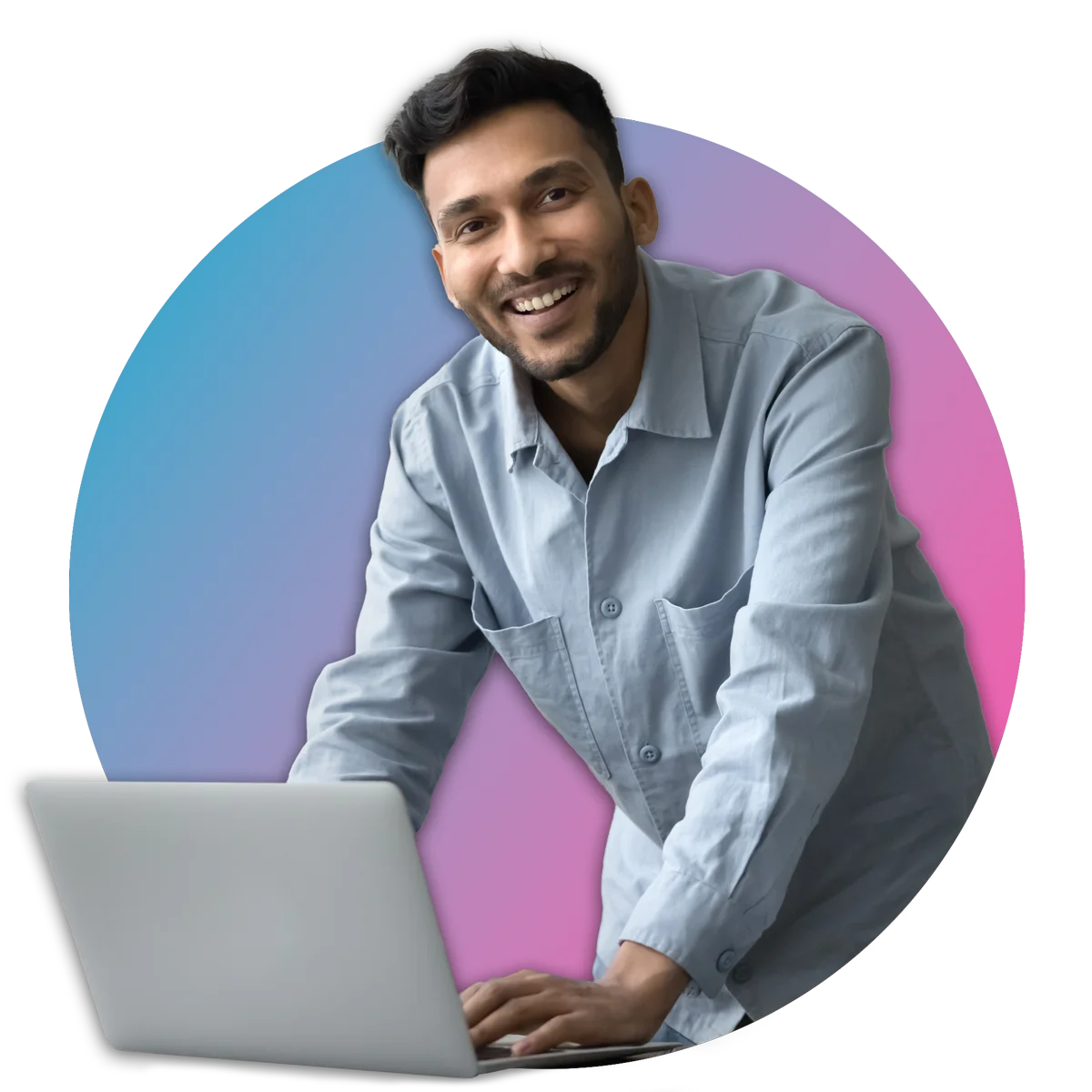 Man leaning over laptop smiling