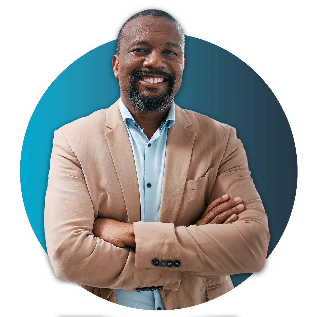 man in tan suit crossing arms and smiling