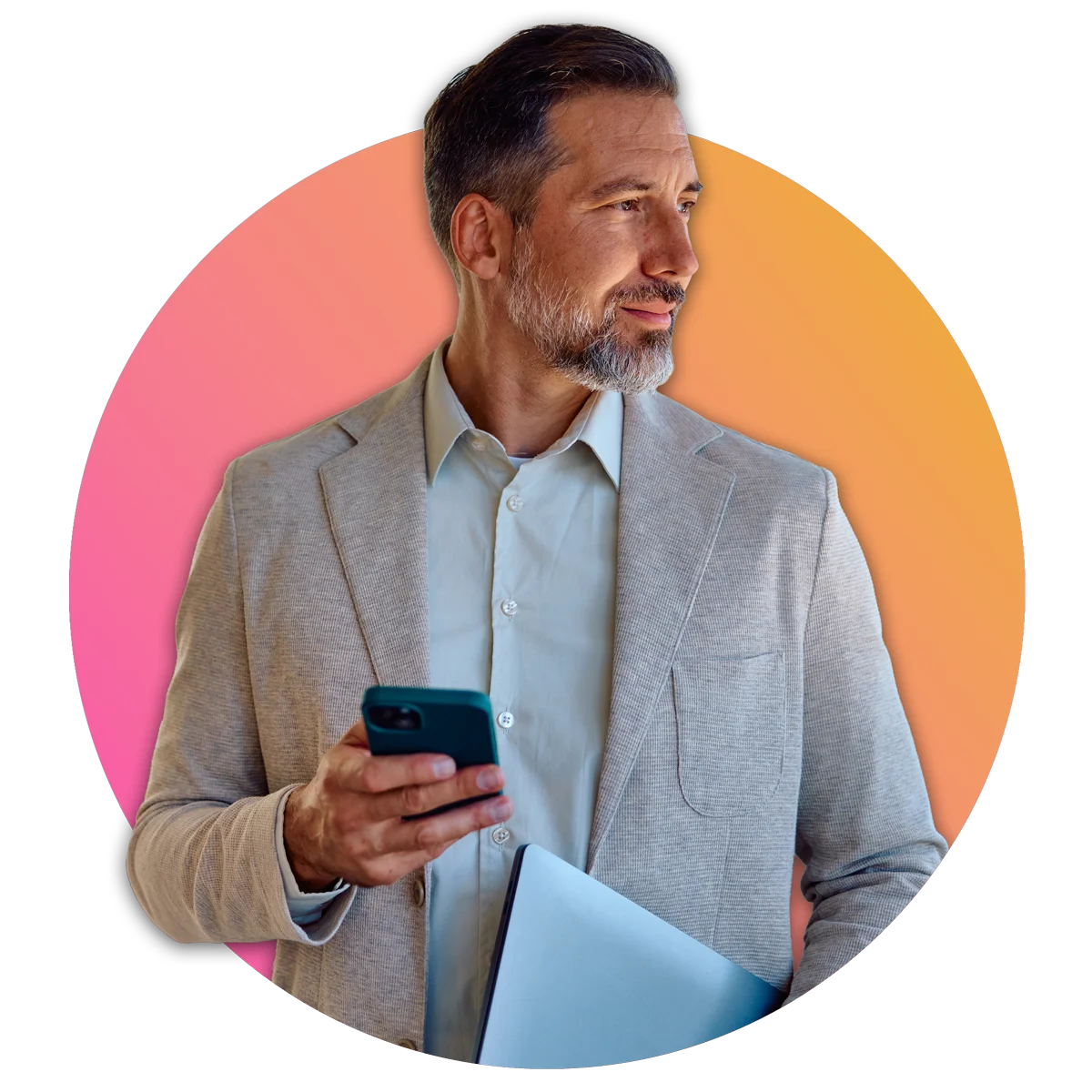 Man in tan suit holding phone in hand and looking off to the side