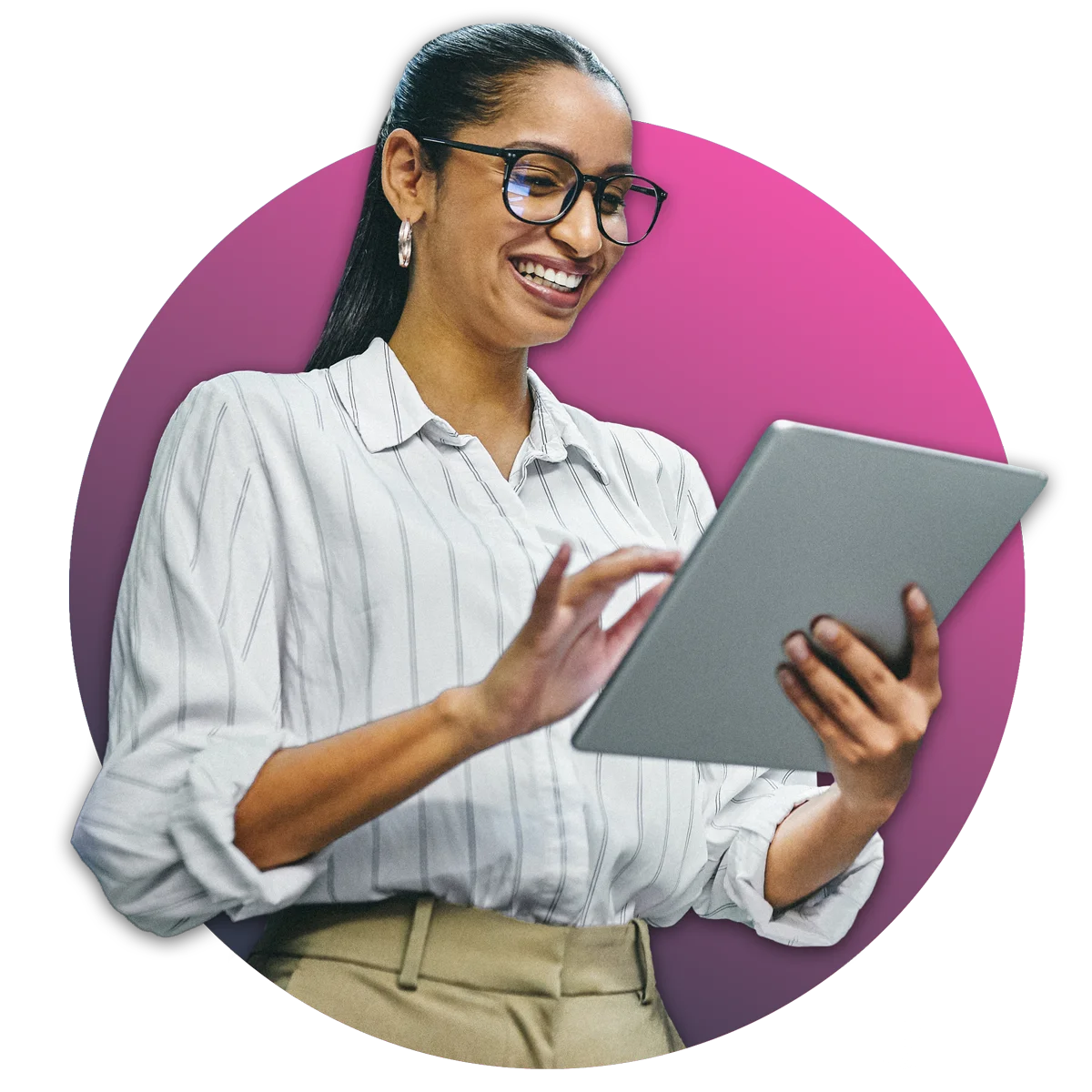 woman wearing glasses looking at tablet in hand and smiling