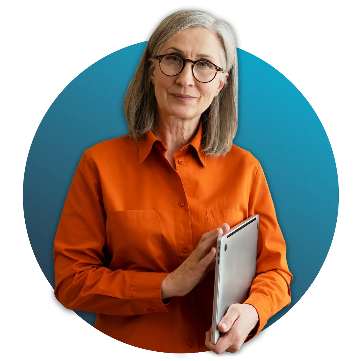 woman in orange button up holding laptop in one arm