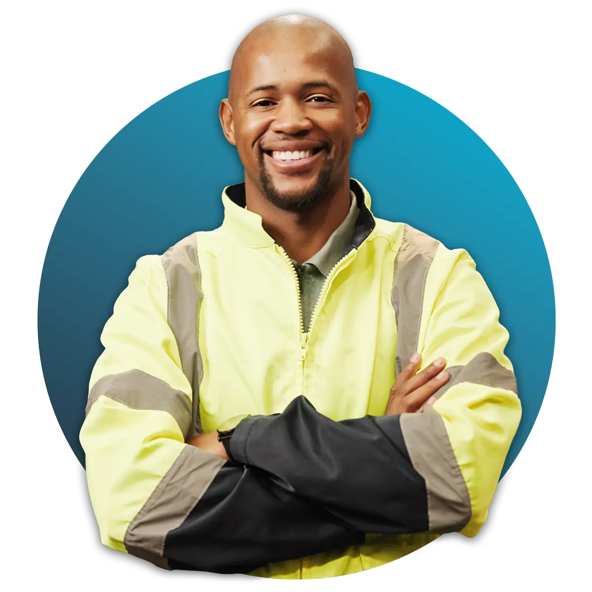 Man in safety jacket crossing arms and smiling