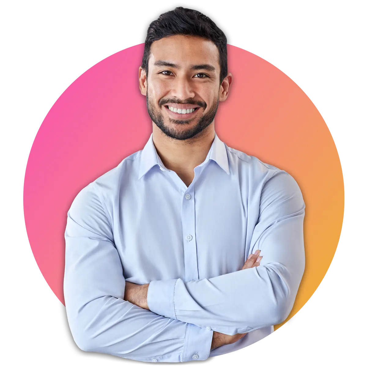 man in button up shirt crossing arms and smiling