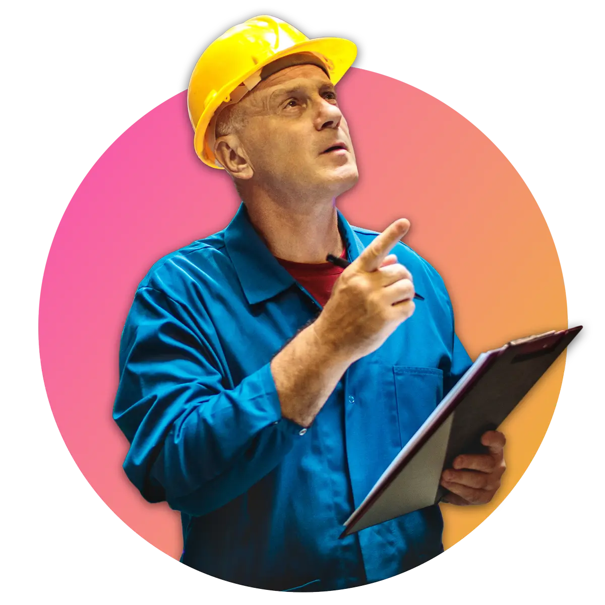 man in hard hat holding a tablet while pointing and looking above