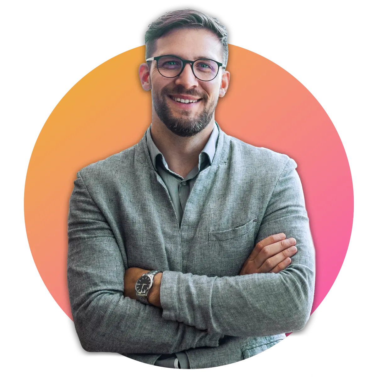 Man in gray suit crossing arms and smiling