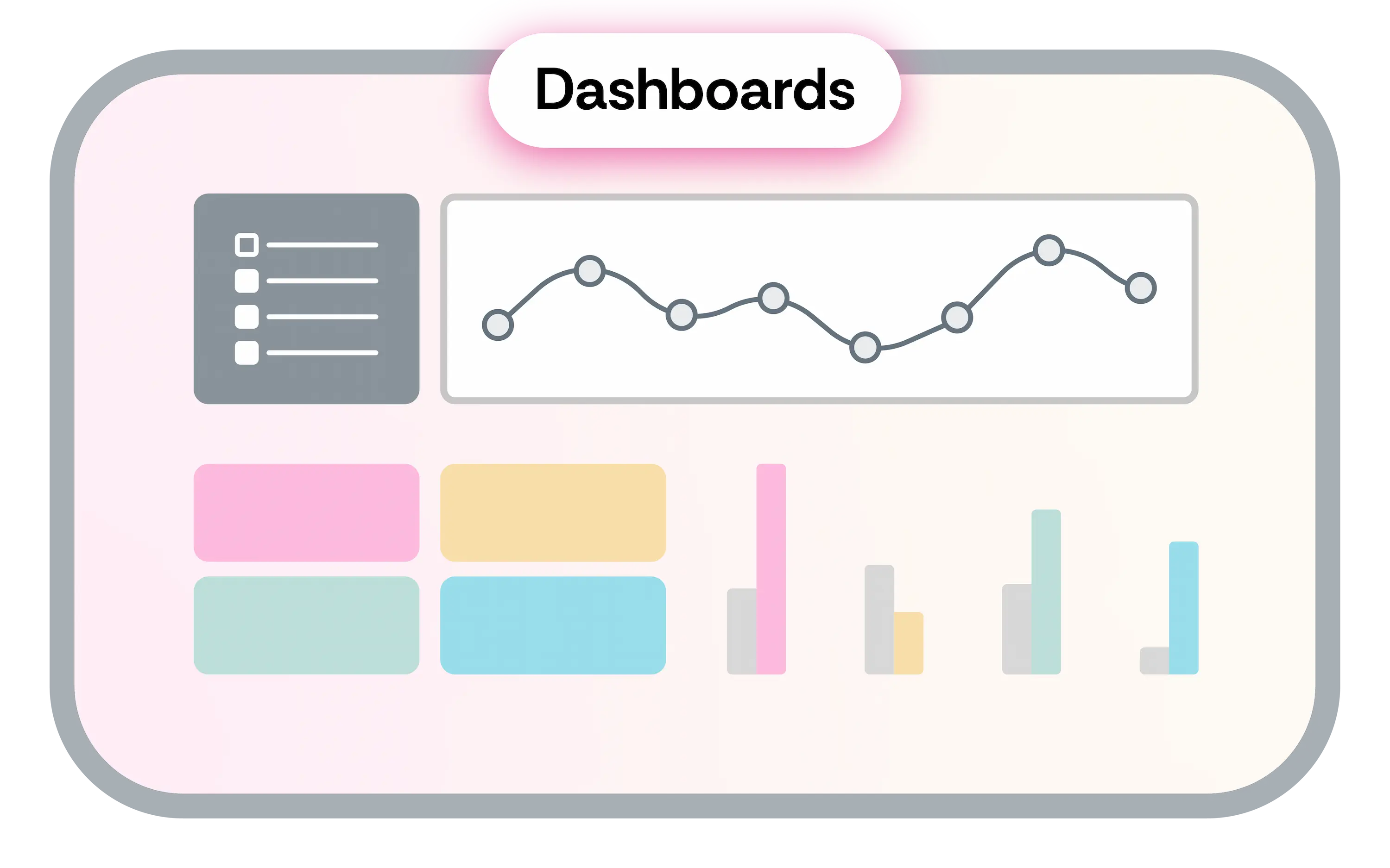 Nextworld illustration of platform feature "Dashboards" showing a mockup of a dashboard with a checklist and charts