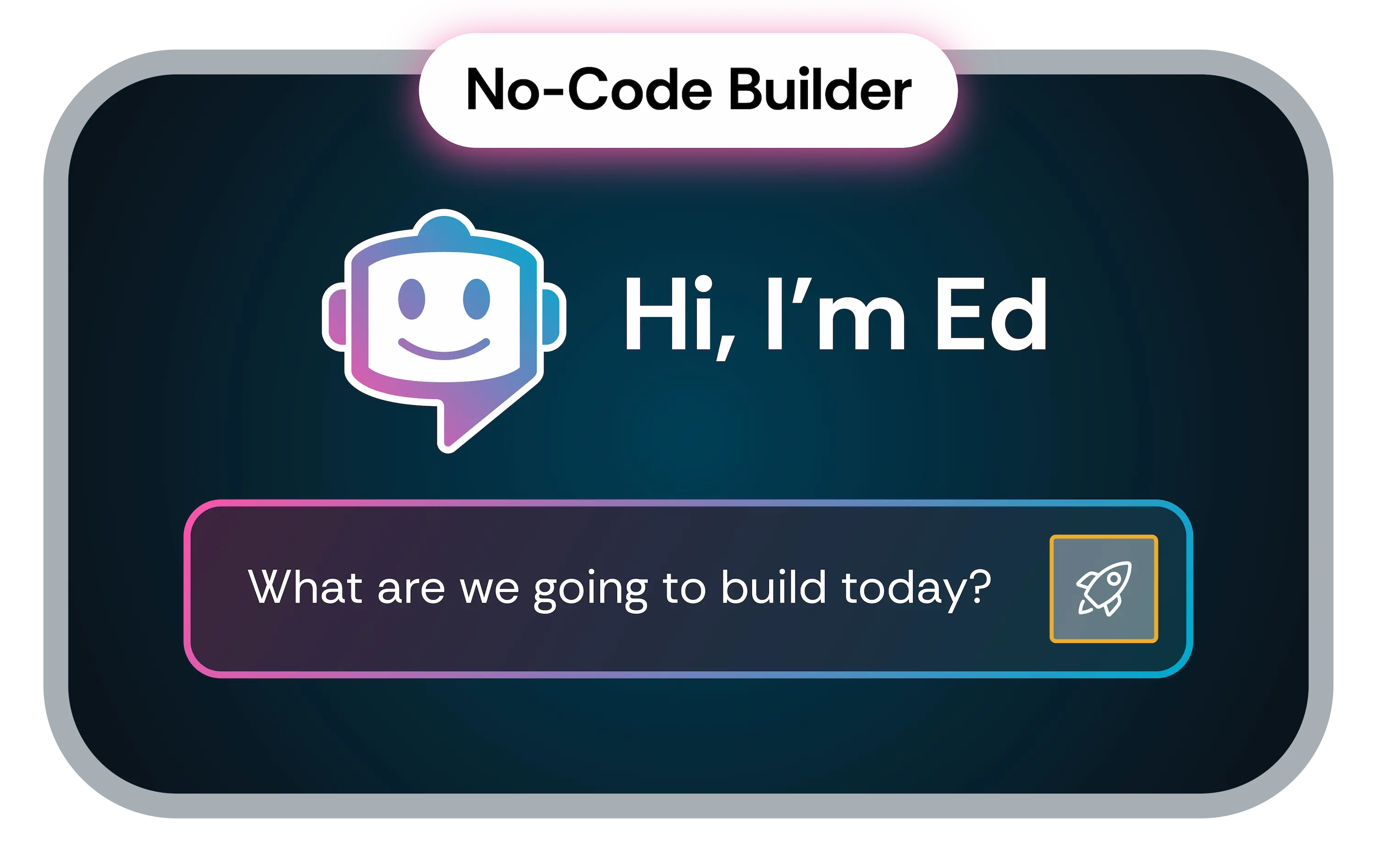 Nextworld illustration showing platform feature "No-Code Builder" with a message "What are we going to build today?" ready to send to AI chatbot Ed