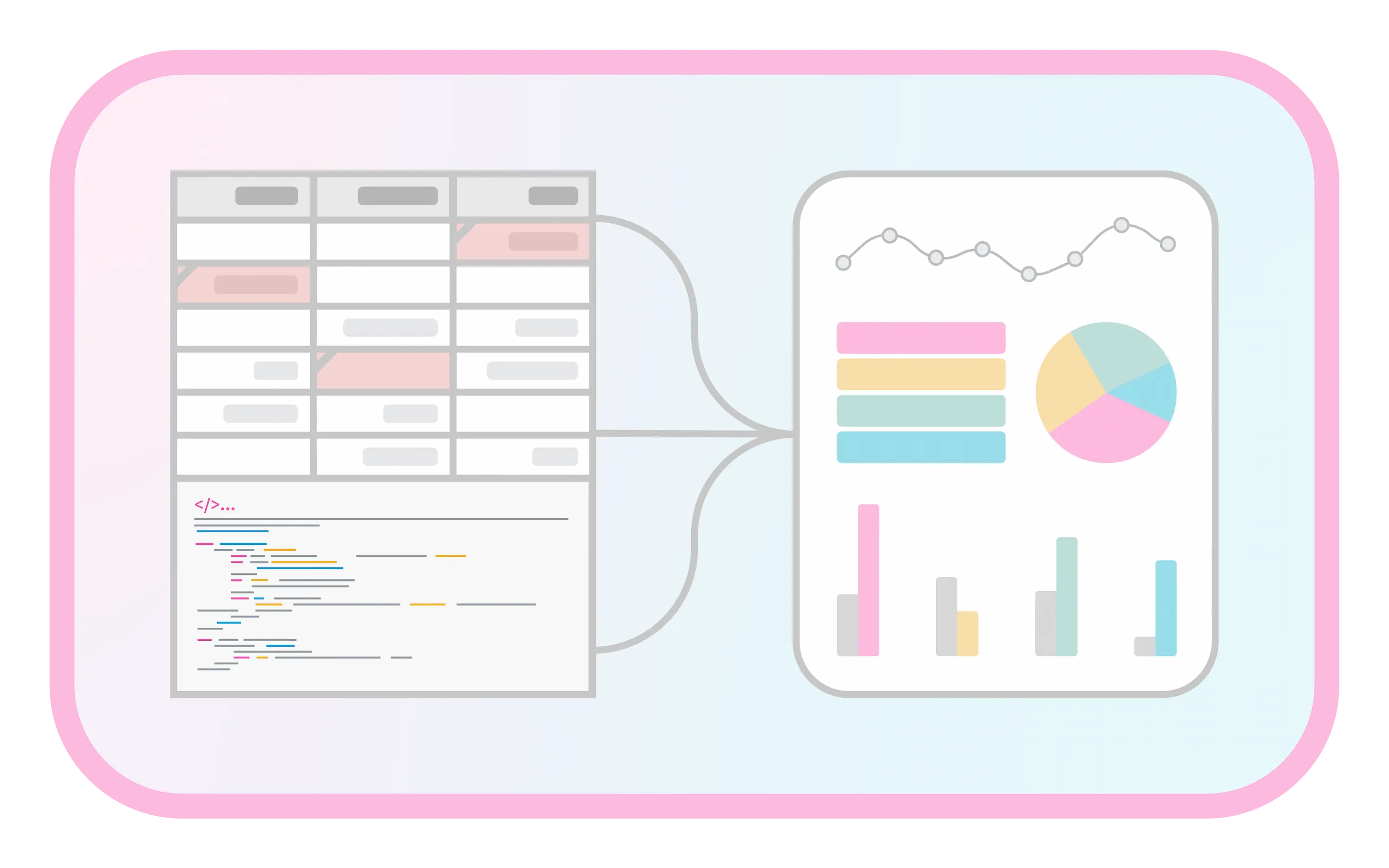 Spread sheet and code with a bracket connecting to illustrated Nextworld report