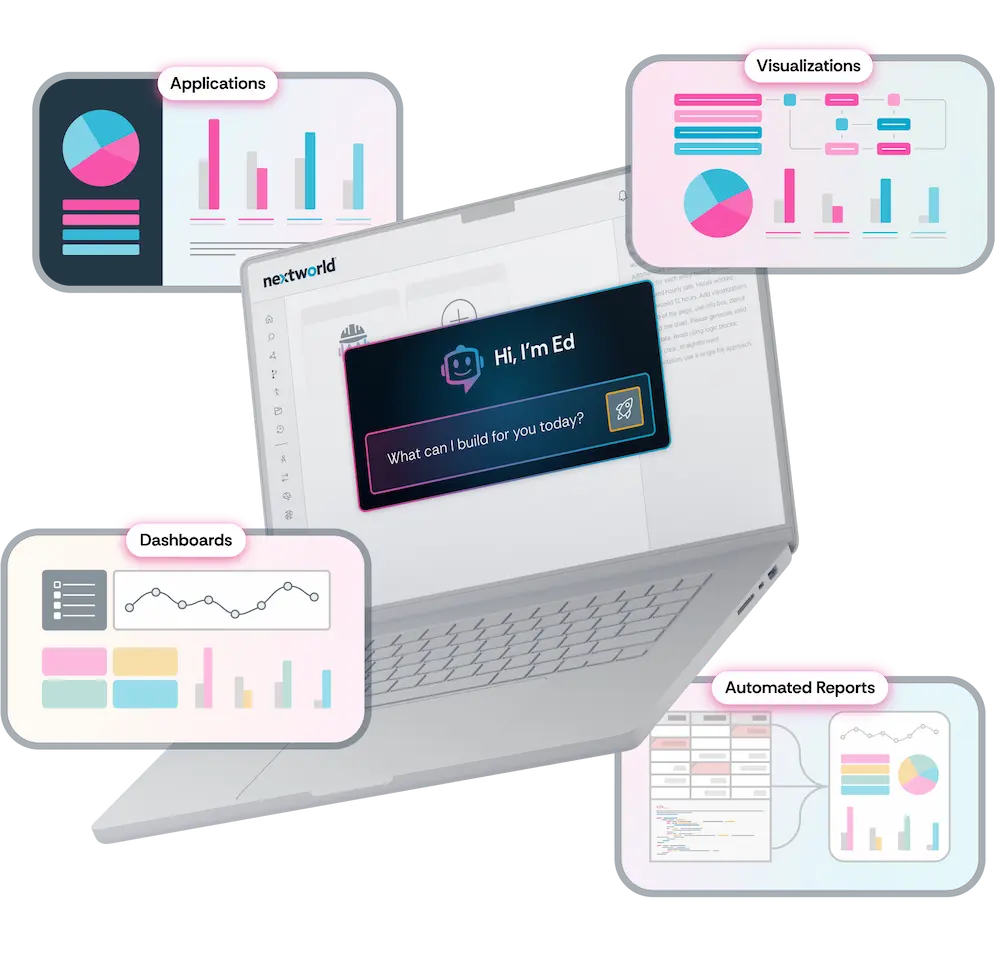 laptop displaying Nextworld AI chatbot message with illustrations of features Applications, Visualizations, Dashboards, and Automated reports