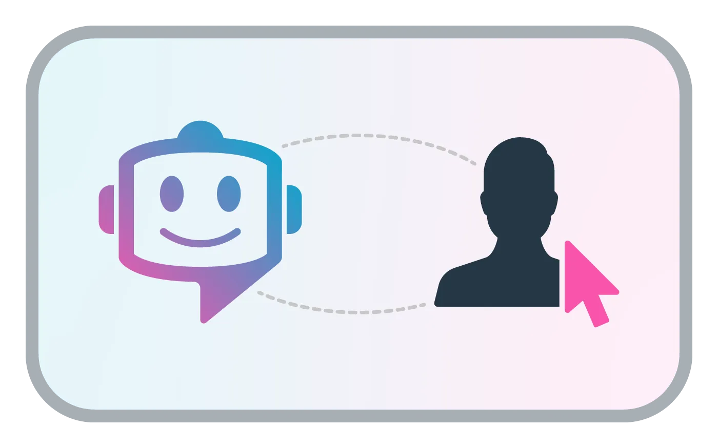 Illustration of a smiling robot face connected by dotted lines to a person silhouette with a pink cursor pointing at the person.