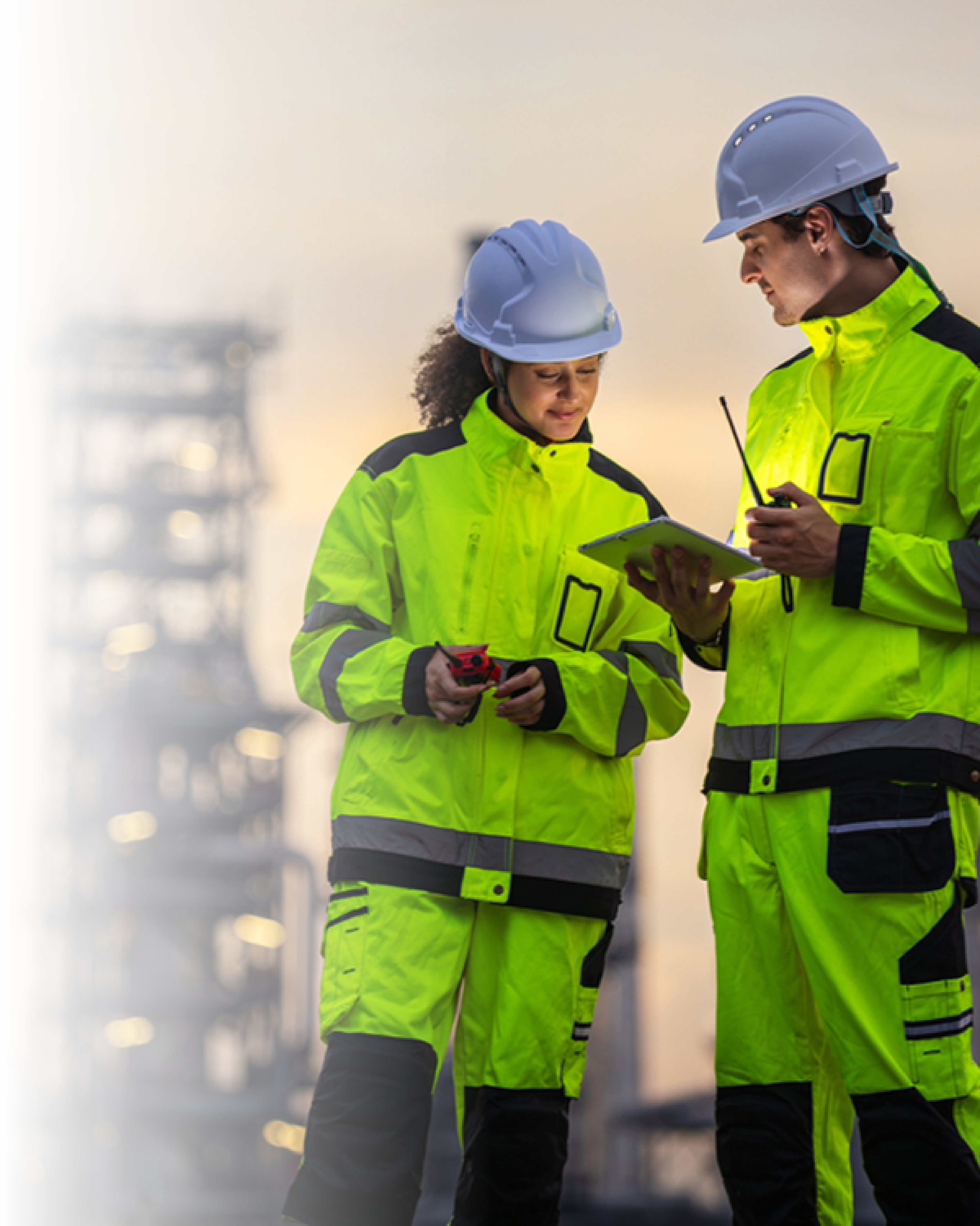 Two workers in high-visibility yellow safety gear and white helmets stand at an industrial oil refinery at sunset, one holding a tablet and the other holding a radio device.