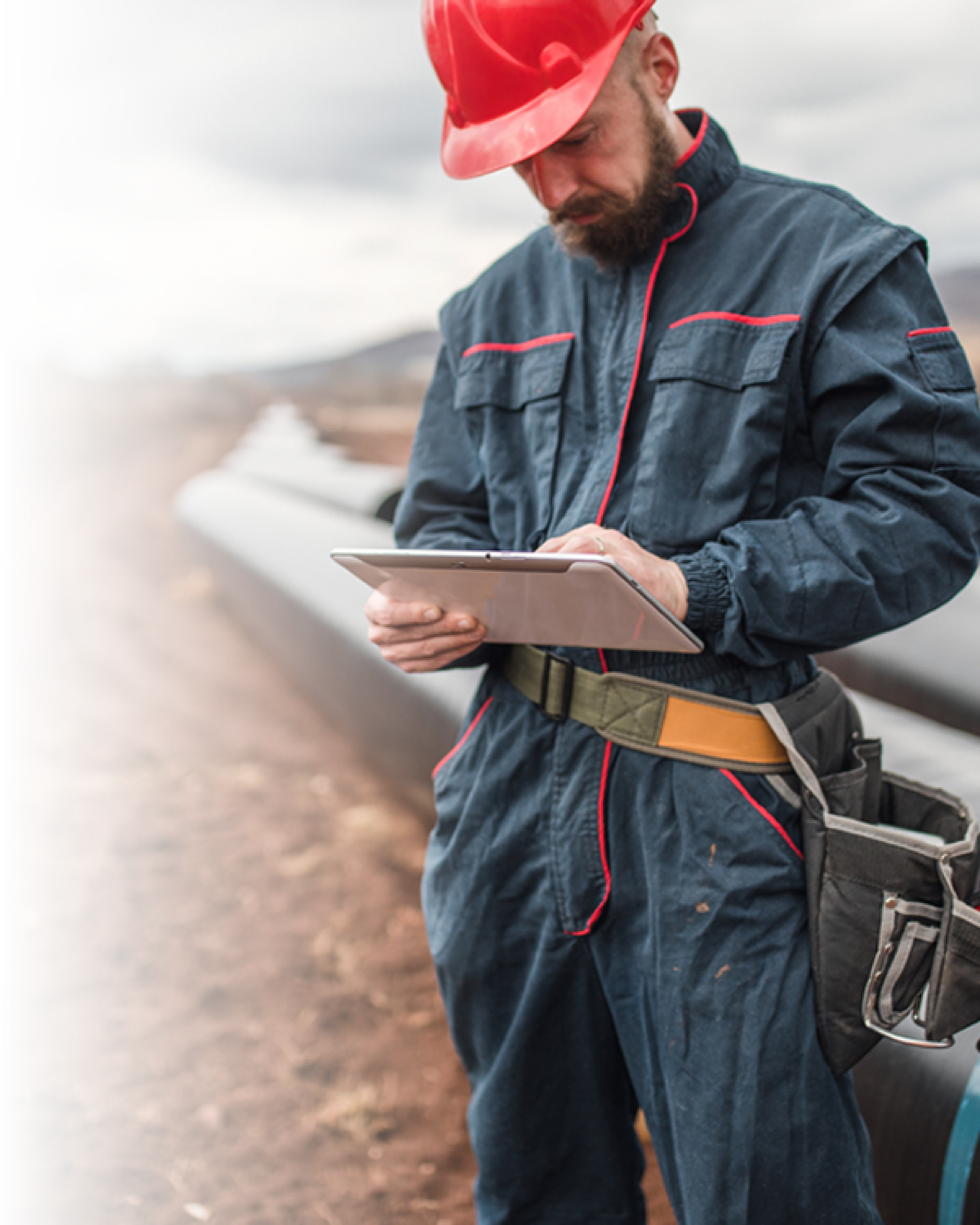 Worker in blue coveralls and red hard hat using a tablet next to large industrial pipes in a muddy outdoor setting with cloudy sky.