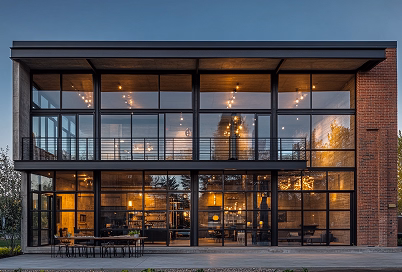 Modern two-story building with large glass windows and warm interior lights at dusk