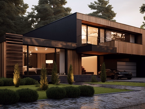 House has a darker exterior, combining black and wooden panels. The lighting is warm and appears to be at sunset or early evening. There are decorative shrubs, a stone pathway, and subtle outdoor lighting that gives a cozy, elegant vibe.