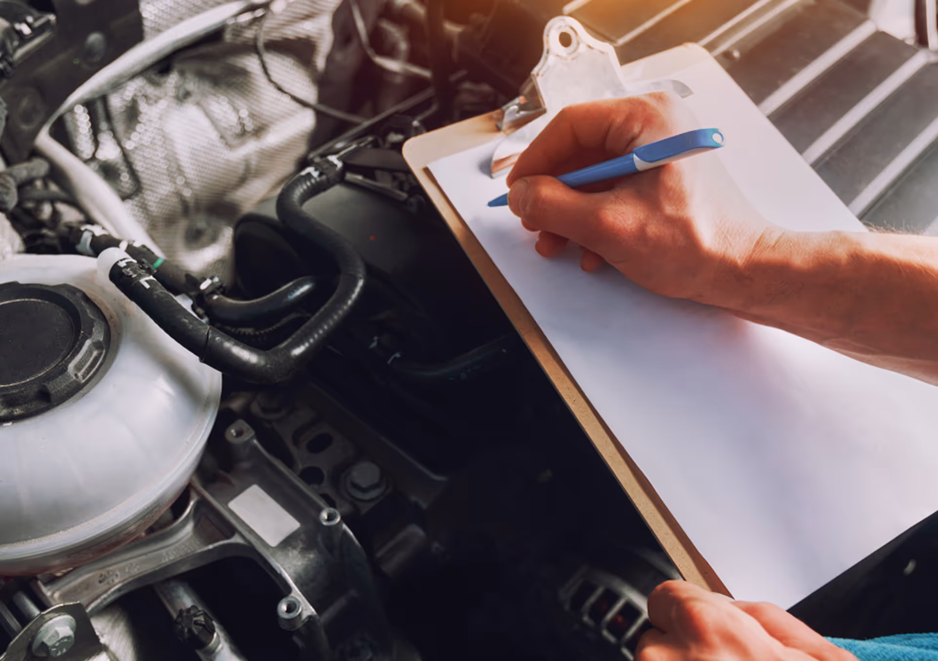 Hand holding blue pen writing on a blank clipboard near a car engine compartment.