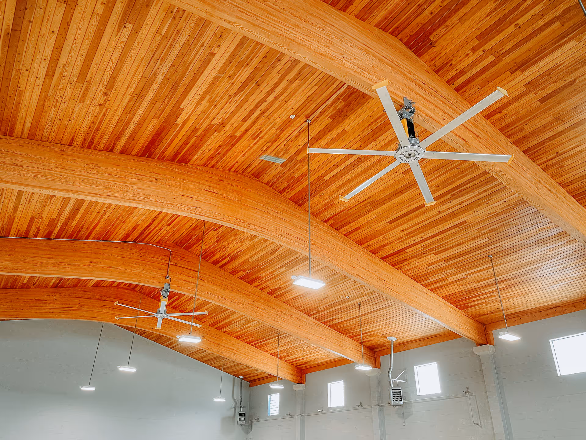 High wooden ceiling with large curved beams, hanging lights, and two industrial ceiling fans in a spacious indoor area.