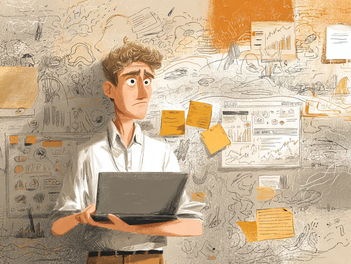 Stressed founder with messy dashboards