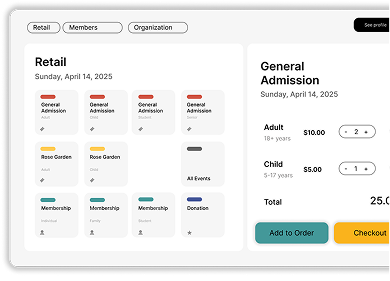 Event ticket selection interface showing options for Retail including General Admission and Rose Garden tickets on April 14, 2025, with membership and donation buttons, and a summary on the right displaying prices for one adult and one child, total $25, and buttons to add to order or checkout.