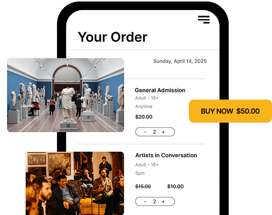 Mobile screen showing an order summary for museum admission tickets, including general admission and artists conversation events with prices and quantity selectors.
