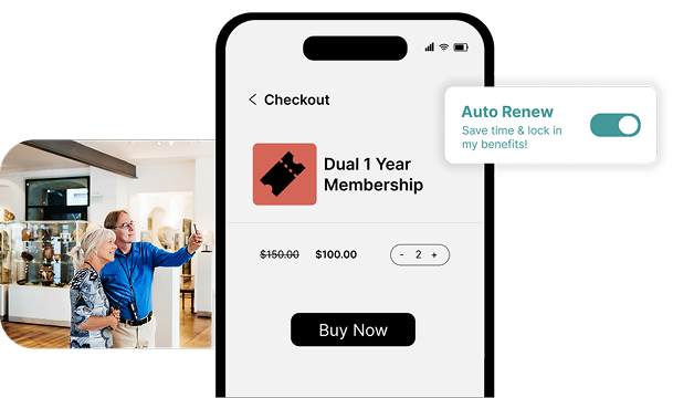 Mobile screen showing checkout for Dual 1 Year Membership with discounted price $100 and auto-renew toggle enabled, alongside an image of an older couple taking a selfie in a museum.