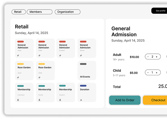 Event ticket selection interface for April 14, 2025, with options for General Admission, Rose Garden, Membership, and Donation, showing quantity selectors and order summary with total price.