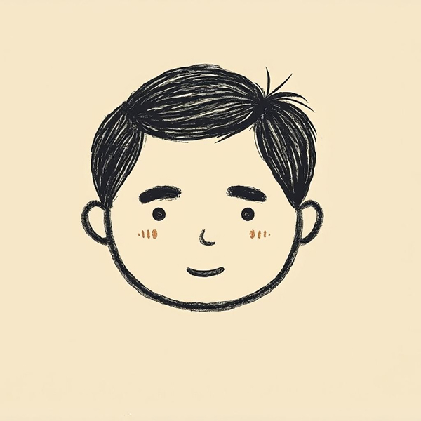 Illustration of a smiling boy's face with short black hair, rosy cheeks, and simple facial features on a cream background.