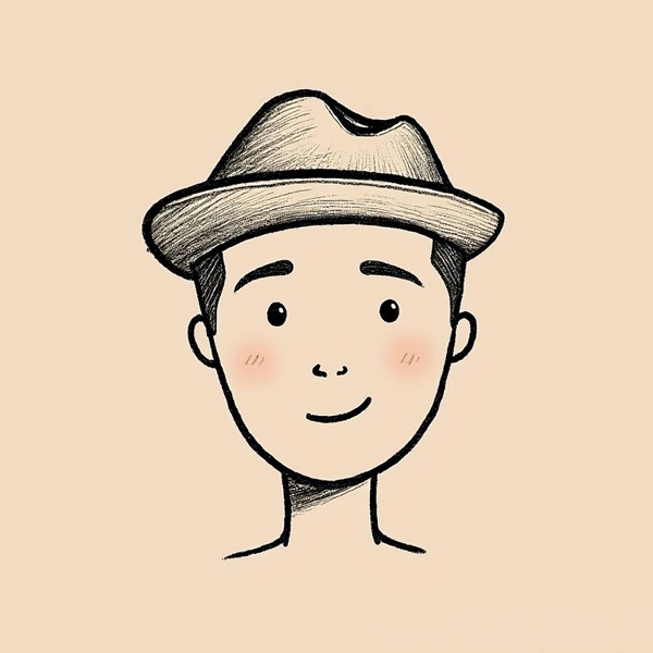 Illustration of a smiling person wearing a fedora hat on a beige background.