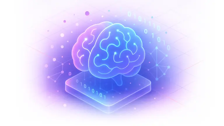 Glowing digital illustration of a human brain with binary code and network connections, symbolizing artificial intelligence.