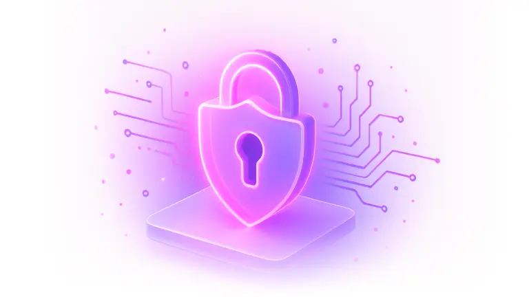 Glowing pink and purple lock symbol with circuit lines representing digital security.