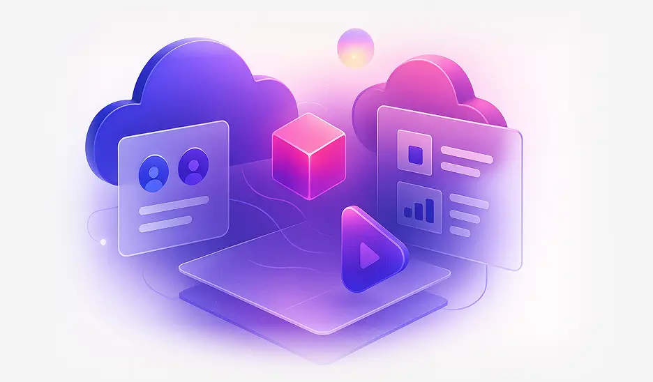 3D illustration of cloud computing icons including user profiles, data charts, a play button, and a glowing cube connected above translucent tablet screens.