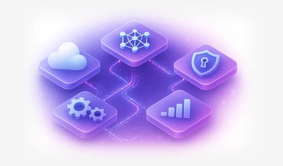 Five glowing purple square blocks connected by digital lines, displaying icons of a cloud, neural network, shield with keyhole, gears, and a rising bar chart.