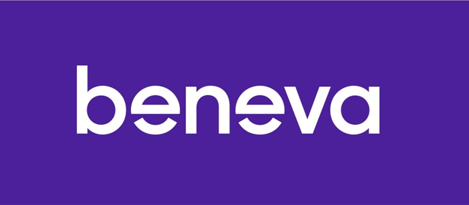 Beneva logo with white text on a purple background.