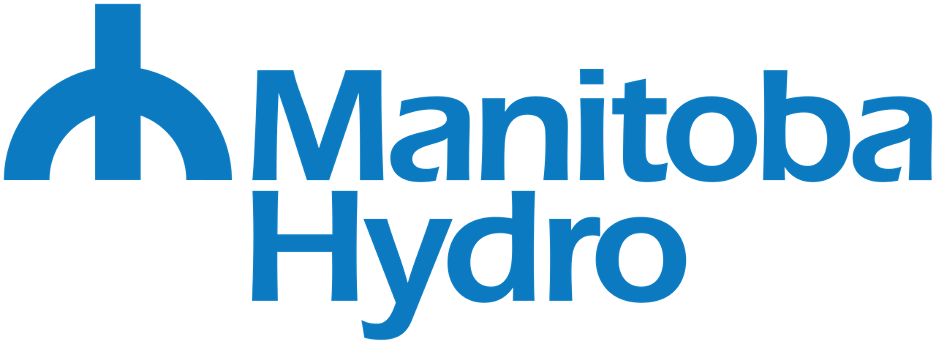 Manitoba Hydro company logo in blue with stylized arch and vertical line.