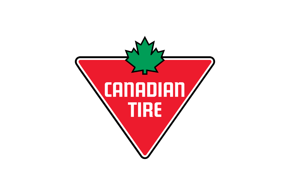 Canadian Tire logo featuring a red upside-down triangle with a green maple leaf on top and the text 'CANADIAN TIRE' inside.