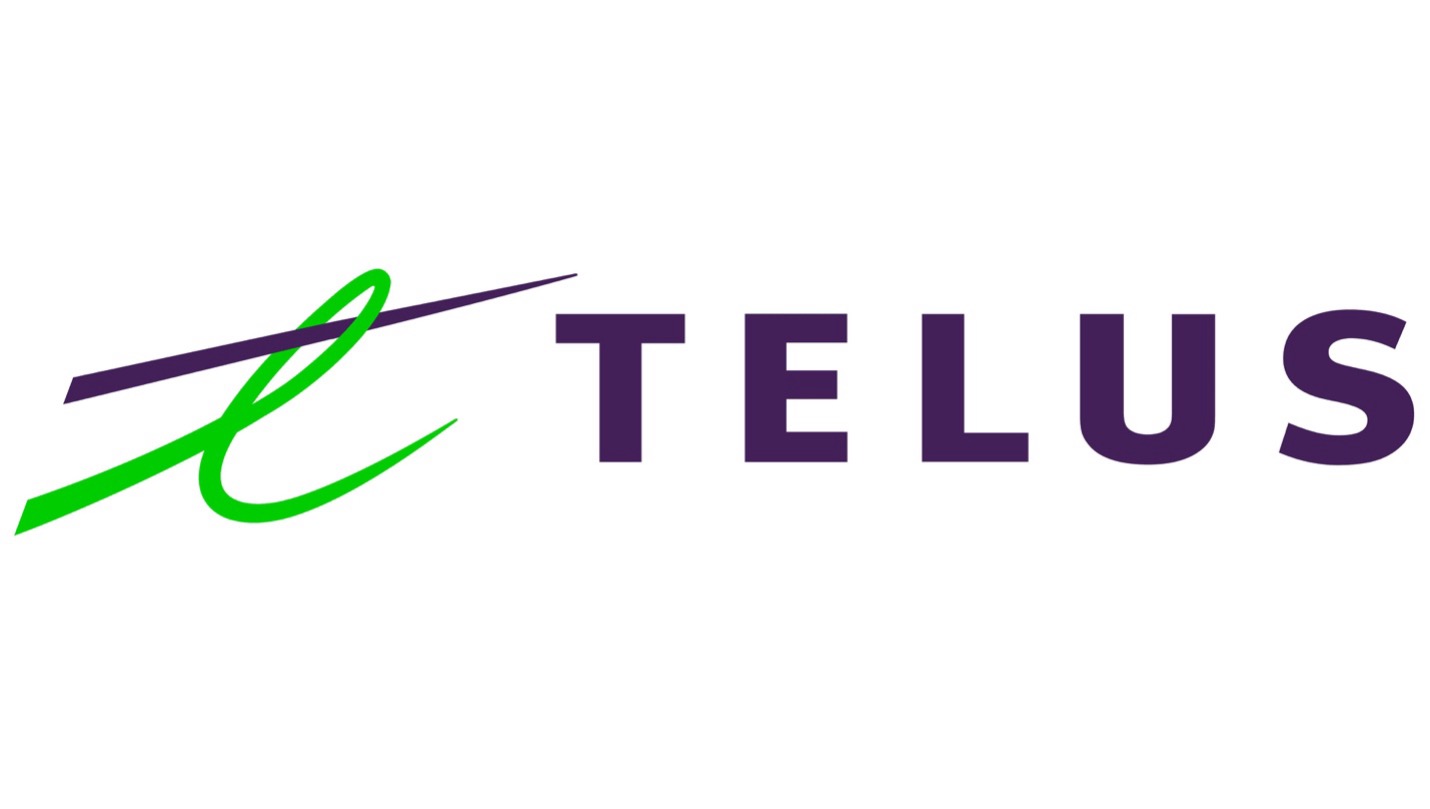 TELUS logo with a stylized green and purple 't' symbol to the left of bold purple text.