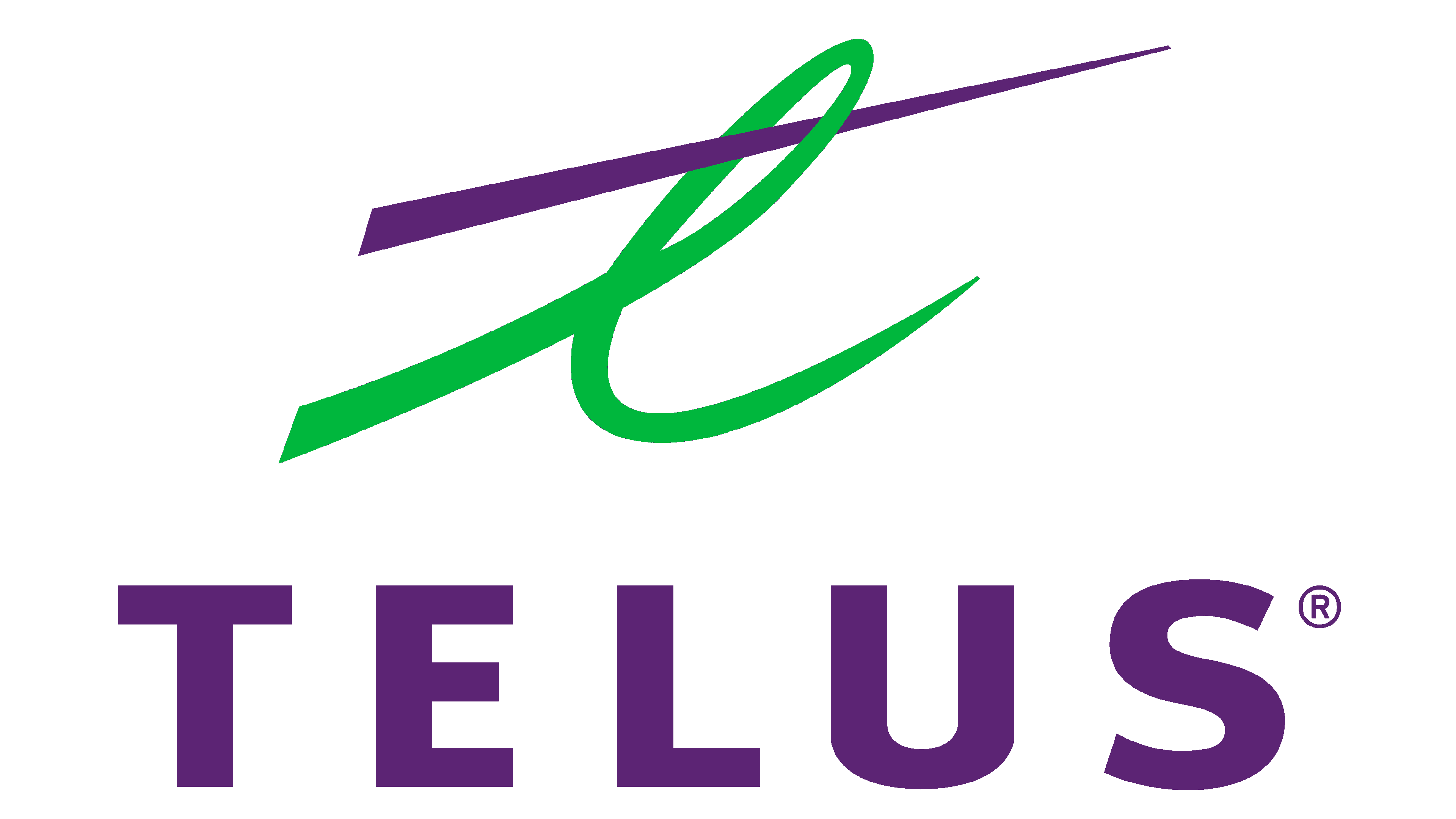 Telus logo with green stylized letter e and purple text spelling TELUS.