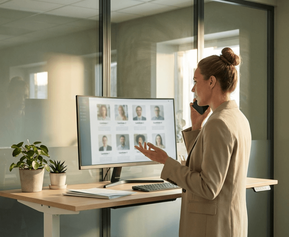 Professional working on a laptop in a modern work lounge reviewing candidate profiles.