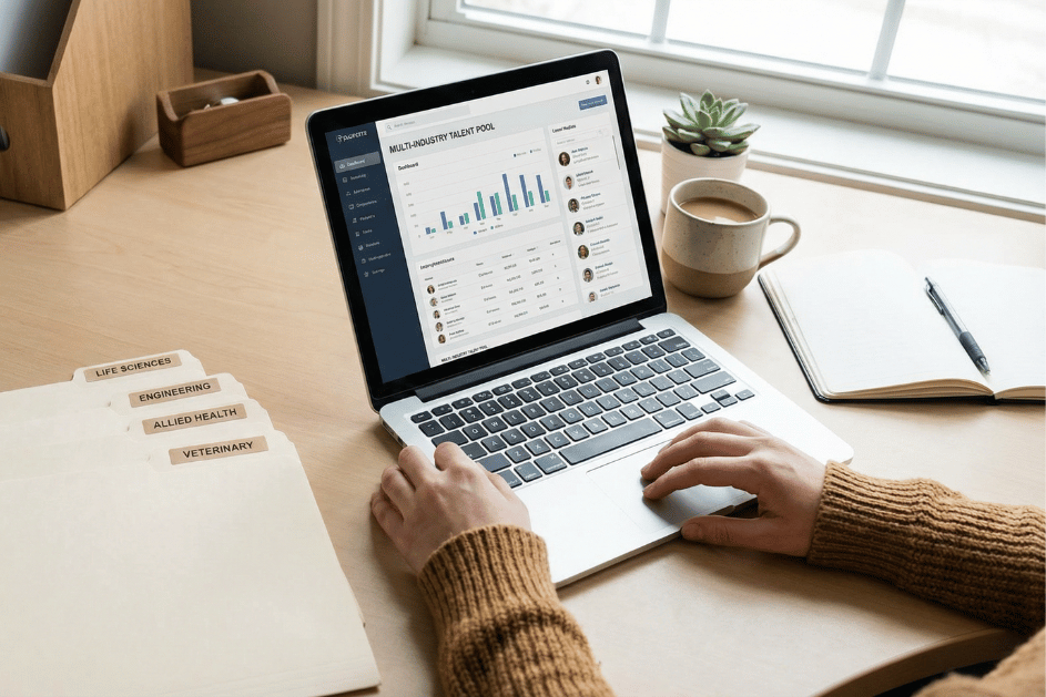 Workspace showing multi-industry recruiting materials for life sciences, engineering, allied health, and veterinary fields
